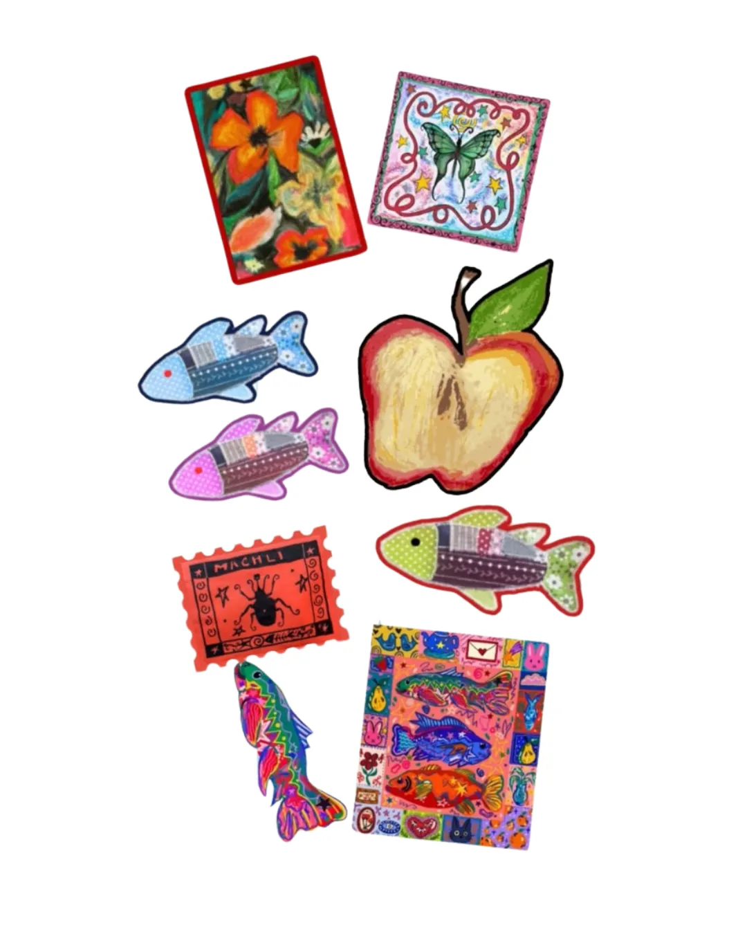 Random sticker pack โ nine assorted hand-drawn stickers