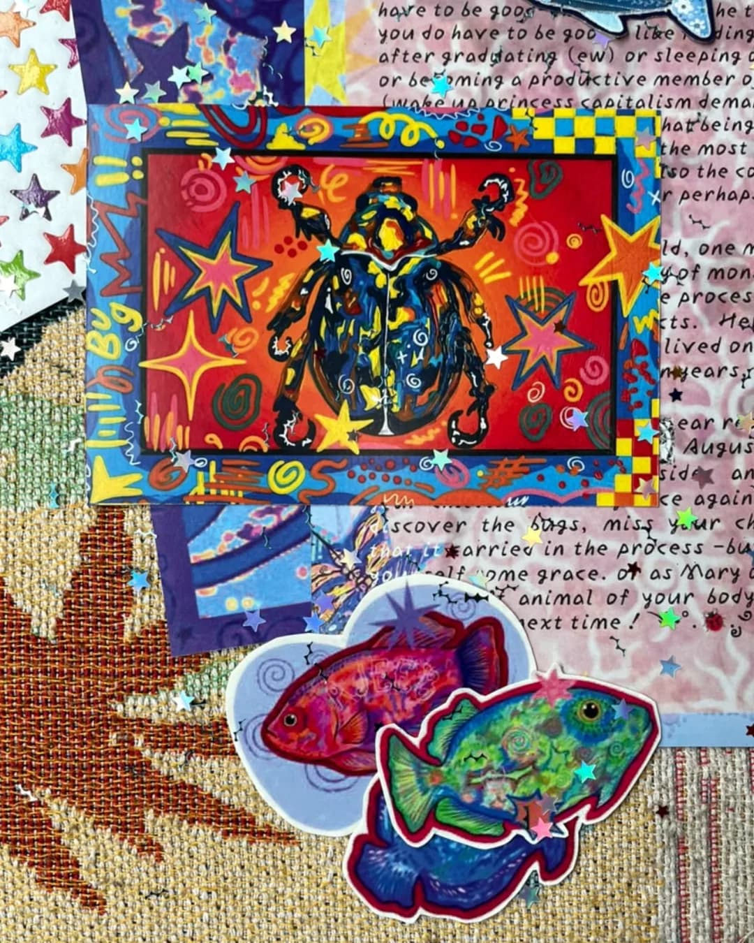 Mail Pack 1 โ beetle postcard and fish stickers, flat lay