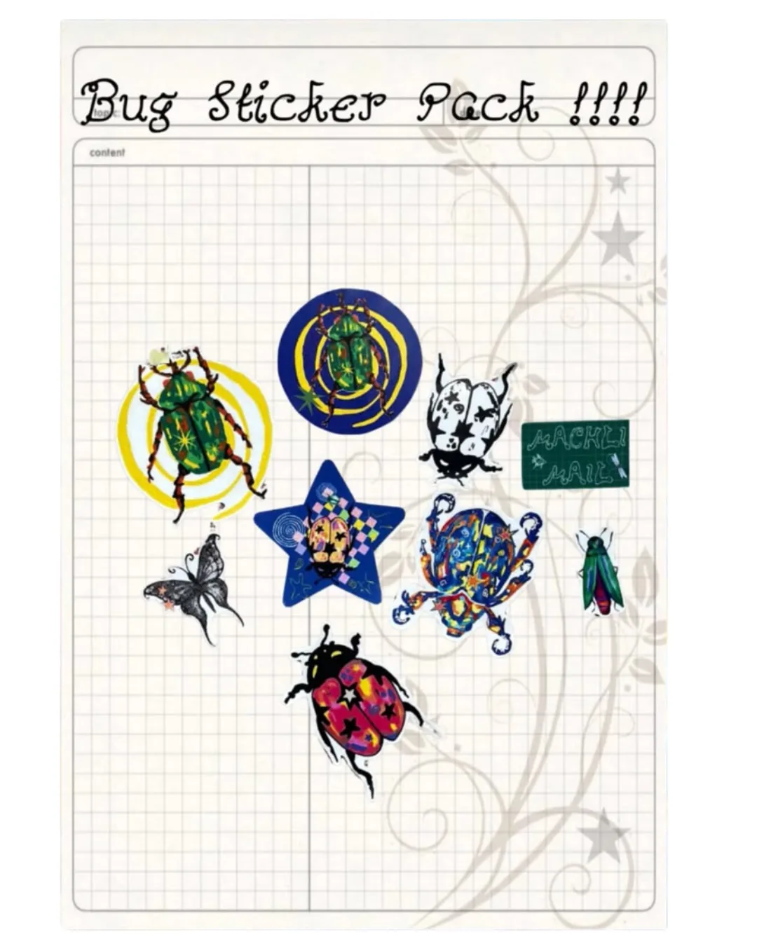 Bugs sticker pack โ nine hand-drawn bug stickers