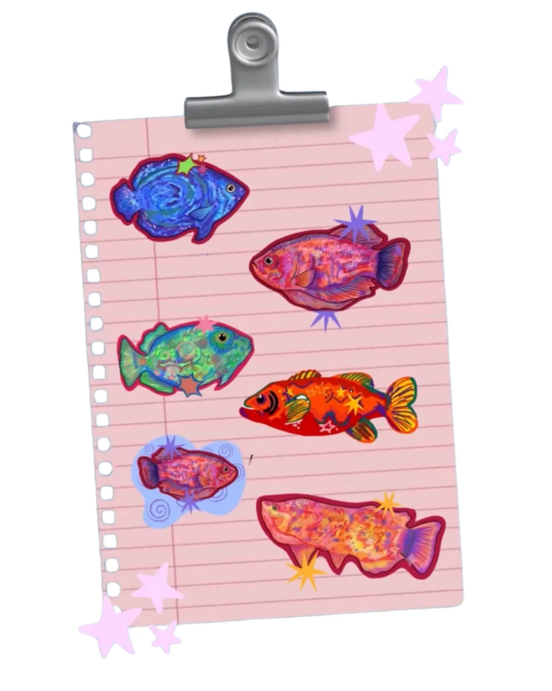 Fish sticker pack โ six hand-drawn fish stickers on a clipboard